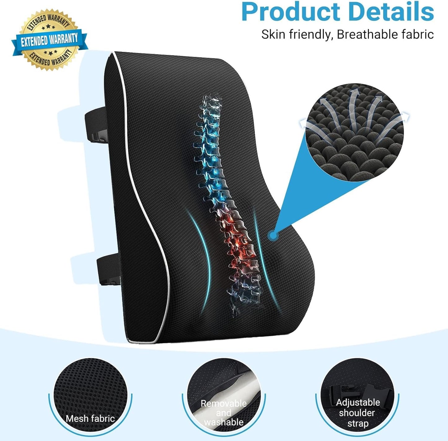 SKY-TOUCH Ergonomic Lumbar Support Cushion, Memory Foam Back Support Cushion Lumbar Support for Office Chair, Car Seat, Recliner, with Extension Strap and Mesh Cover, Christmas Early, 45x40x13cm