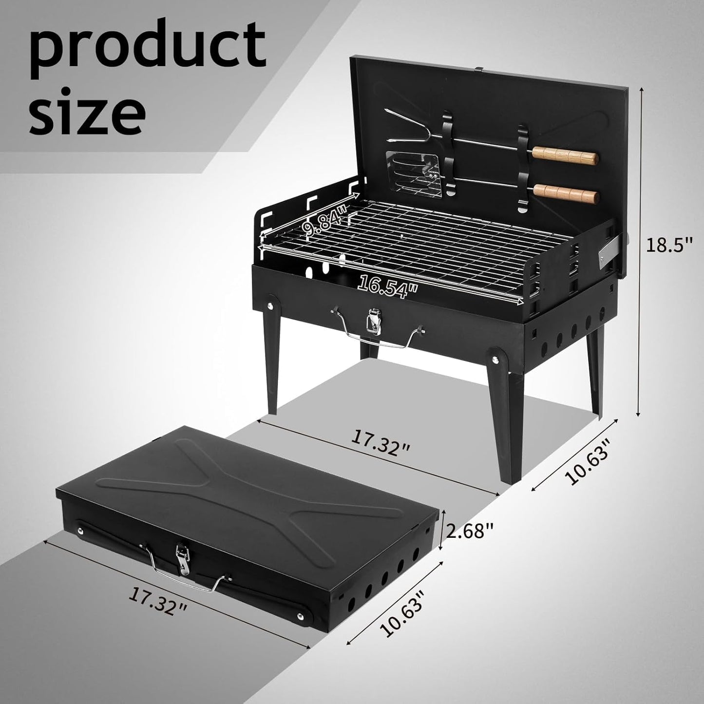 SKY-TOUCH Portable Charcoal Grill, Outdoor Foldable BBQ Grill with Barbecue Accessories & Lid for Cooking Camping Picnic Hiking Beach Party Patio Smokers, Black, 43x26x46cm