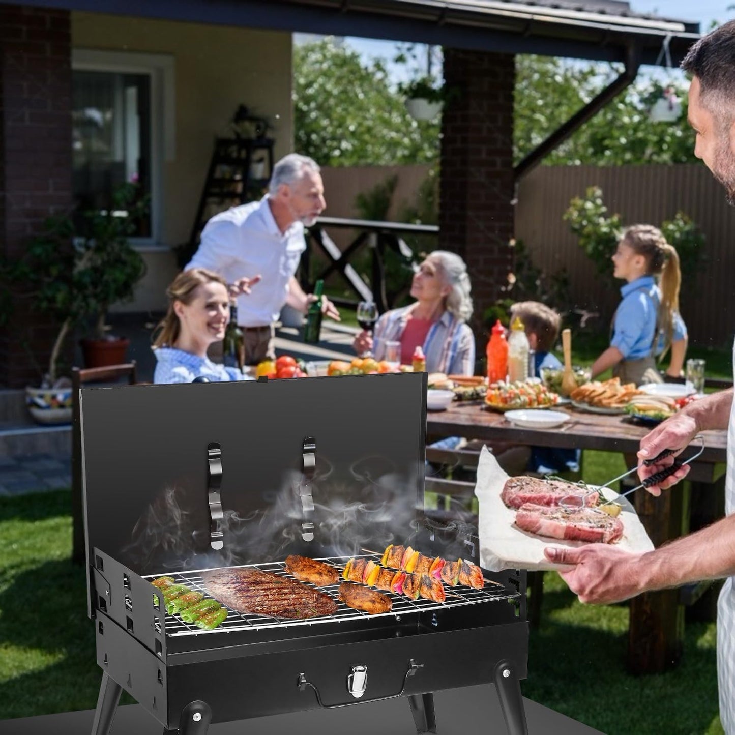 SKY-TOUCH Portable Charcoal Grill, Outdoor Foldable BBQ Grill with Barbecue Accessories & Lid for Cooking Camping Picnic Hiking Beach Party Patio Smokers, Black, 43x26x46cm