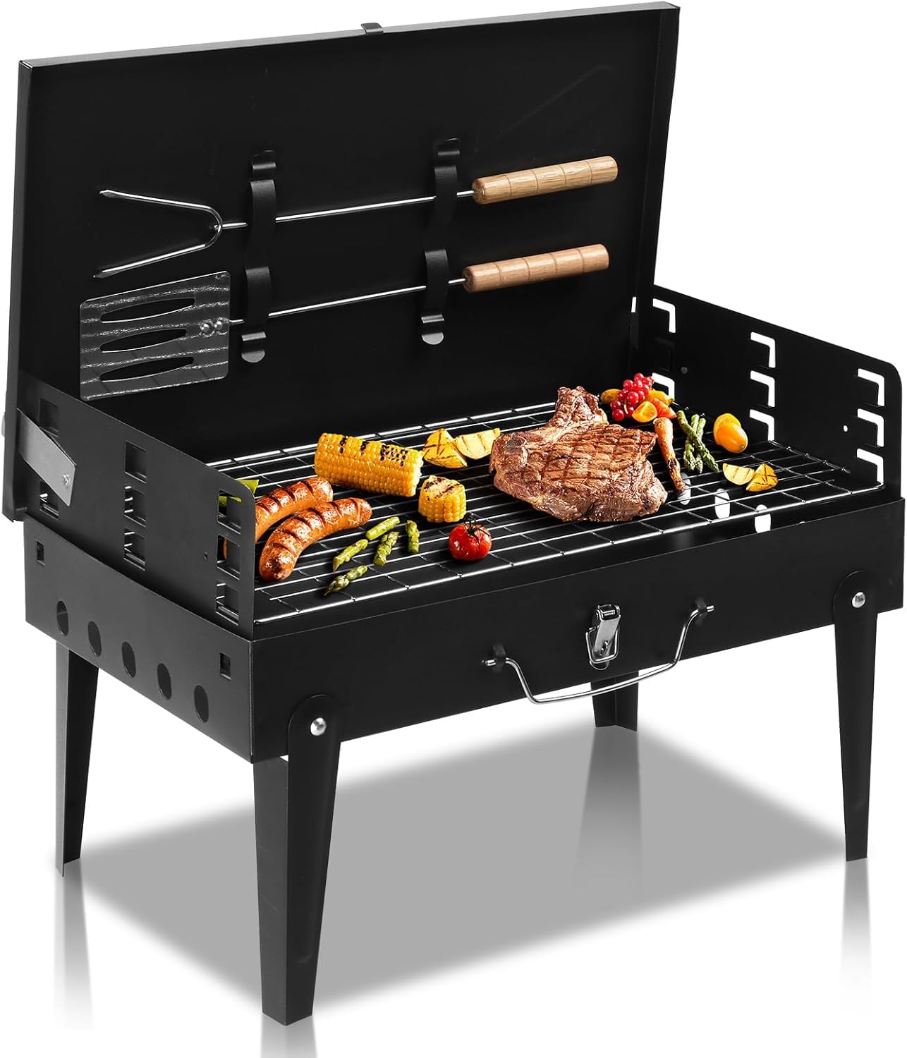 SKY-TOUCH Portable Charcoal Grill, Outdoor Foldable BBQ Grill with Barbecue Accessories & Lid for Cooking Camping Picnic Hiking Beach Party Patio Smokers, Black, 43x26x46cm