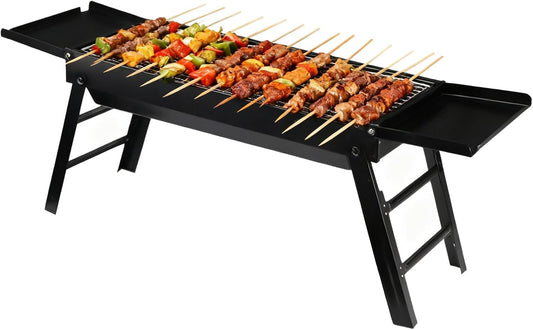 SKY-TOUCH Portable Charcoal Grill, Folding BBQ Grill with 2 Side Tray, Foldable Tabletop Grill for Outdoor Cooking Picnics Camping Hiking Tailgating Backpacking Party Backyard, 89x22x32cm, Black