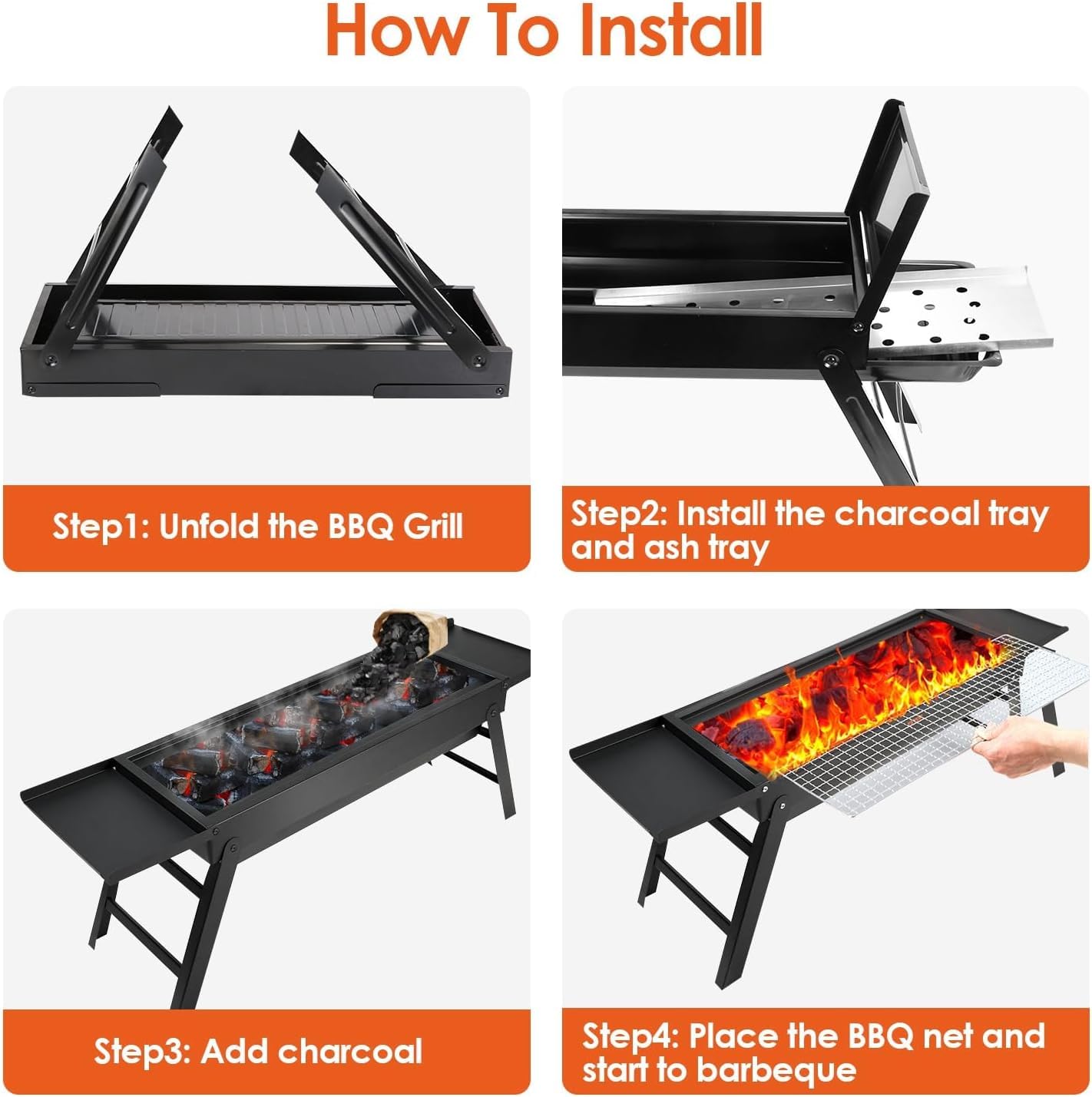 SKY-TOUCH Portable Charcoal Grill, Folding BBQ Grill with 2 Side Tray, Foldable Tabletop Grill for Outdoor Cooking Picnics Camping Hiking Tailgating Backpacking Party Backyard, 89x22x32cm, Black