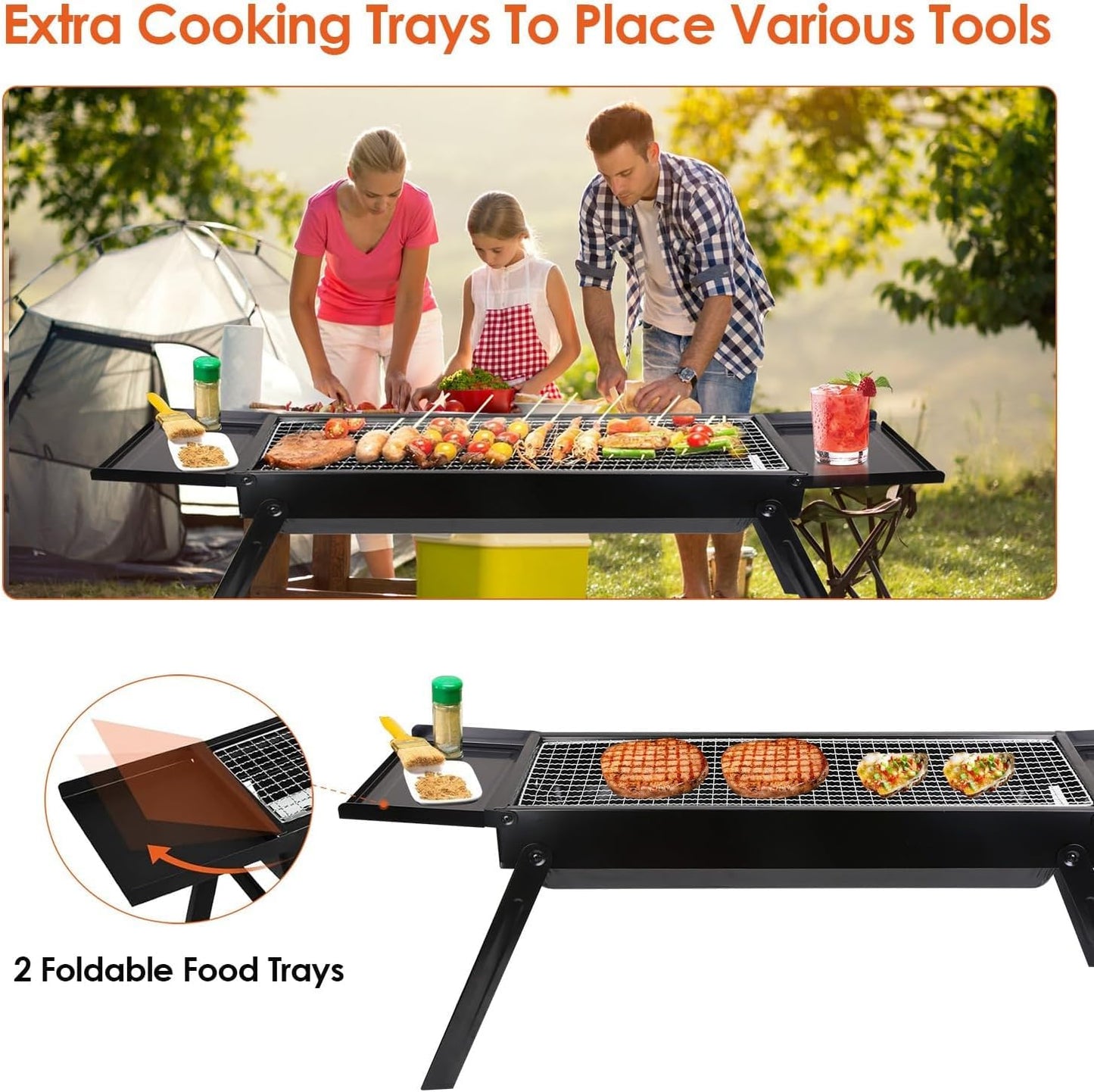 SKY-TOUCH Portable Charcoal Grill, Folding BBQ Grill with 2 Side Tray, Foldable Tabletop Grill for Outdoor Cooking Picnics Camping Hiking Tailgating Backpacking Party Backyard, 89x22x32cm, Black