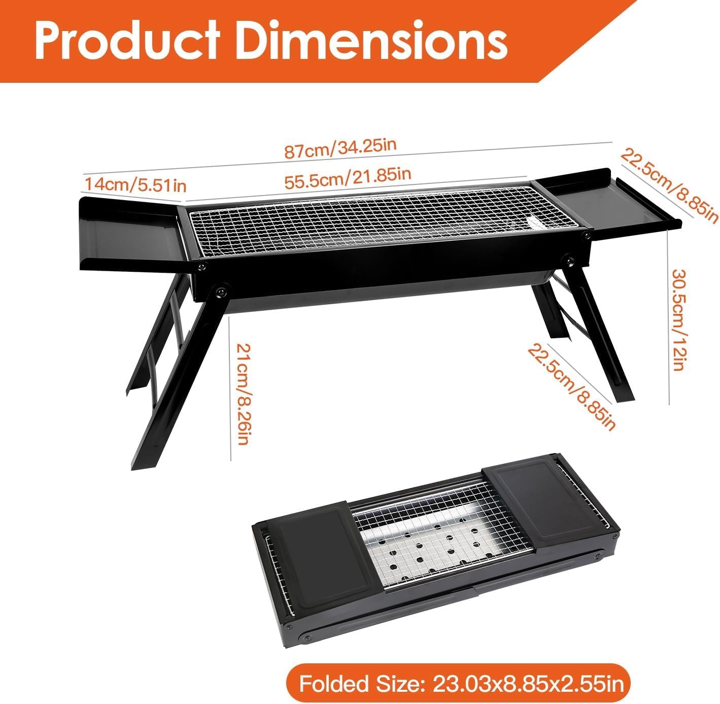 SKY-TOUCH Portable Charcoal Grill, Folding BBQ Grill with 2 Side Tray, Foldable Tabletop Grill for Outdoor Cooking Picnics Camping Hiking Tailgating Backpacking Party Backyard, 89x22x32cm, Black