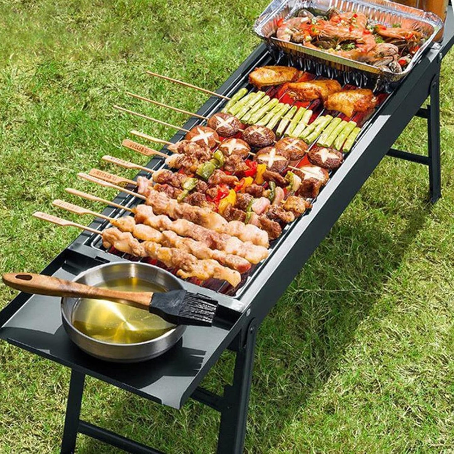 SKY-TOUCH Portable Charcoal Grill, Folding BBQ Grill with 2 Side Tray, Foldable Tabletop Grill for Outdoor Cooking Picnics Camping Hiking Tailgating Backpacking Party Backyard, 89x22x32cm, Black