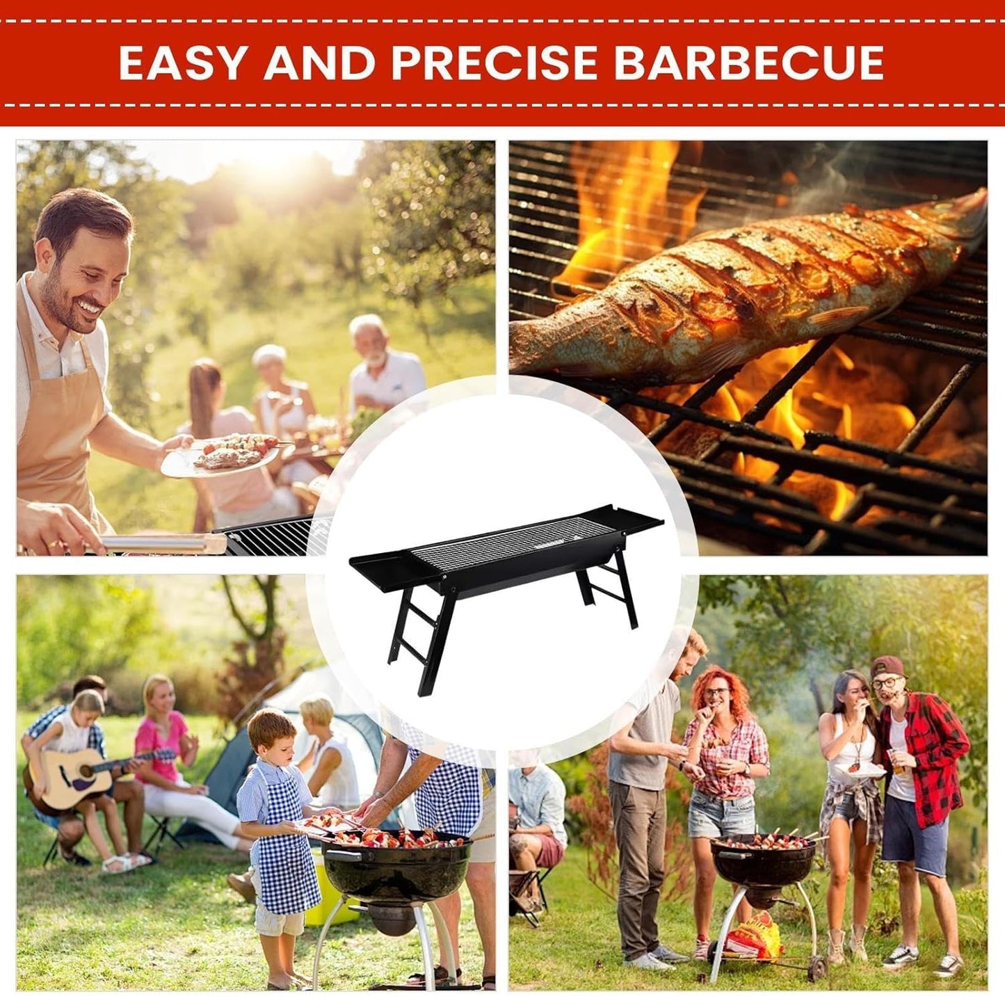 SKY-TOUCH Portable Charcoal Grill, Folding BBQ Grill with 2 Side Tray, Foldable Tabletop Grill for Outdoor Cooking Picnics Camping Hiking Tailgating Backpacking Party Backyard, 89x22x32cm, Black