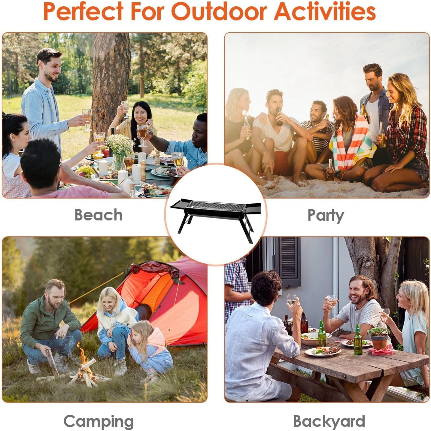 SKY-TOUCH Portable Charcoal Grill, Folding BBQ Grill with 2 Side Tray, Foldable Tabletop Grill for Outdoor Cooking Picnics Camping Hiking Tailgating Backpacking Party Backyard, 89x22x32cm, Black