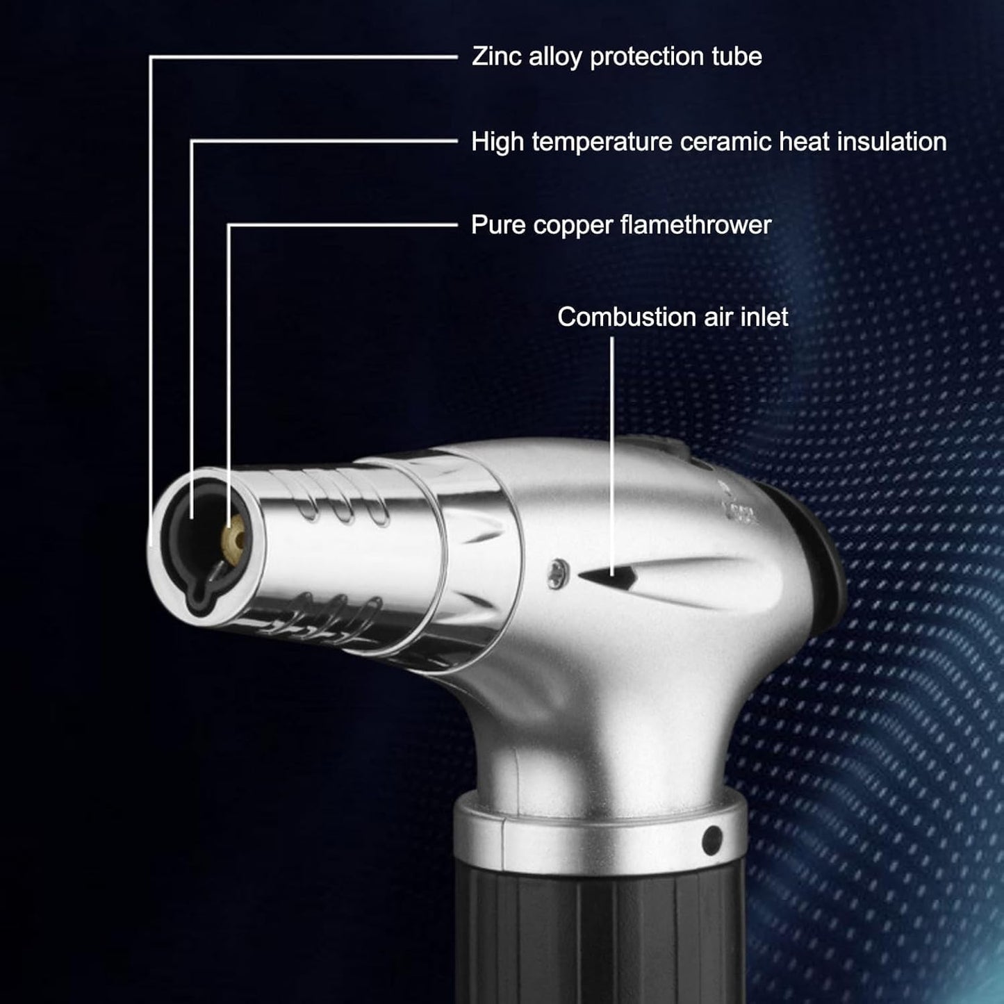 SKY-TOUCH Butane Torch Lighter, Refillable Kitchen Spray Gun With a Safety Lock, Continuous Flame Mode, And Adjustable Flame, Suitable for Cooking And Grilling, Silver - NO CONTAIN BUTANE GAS