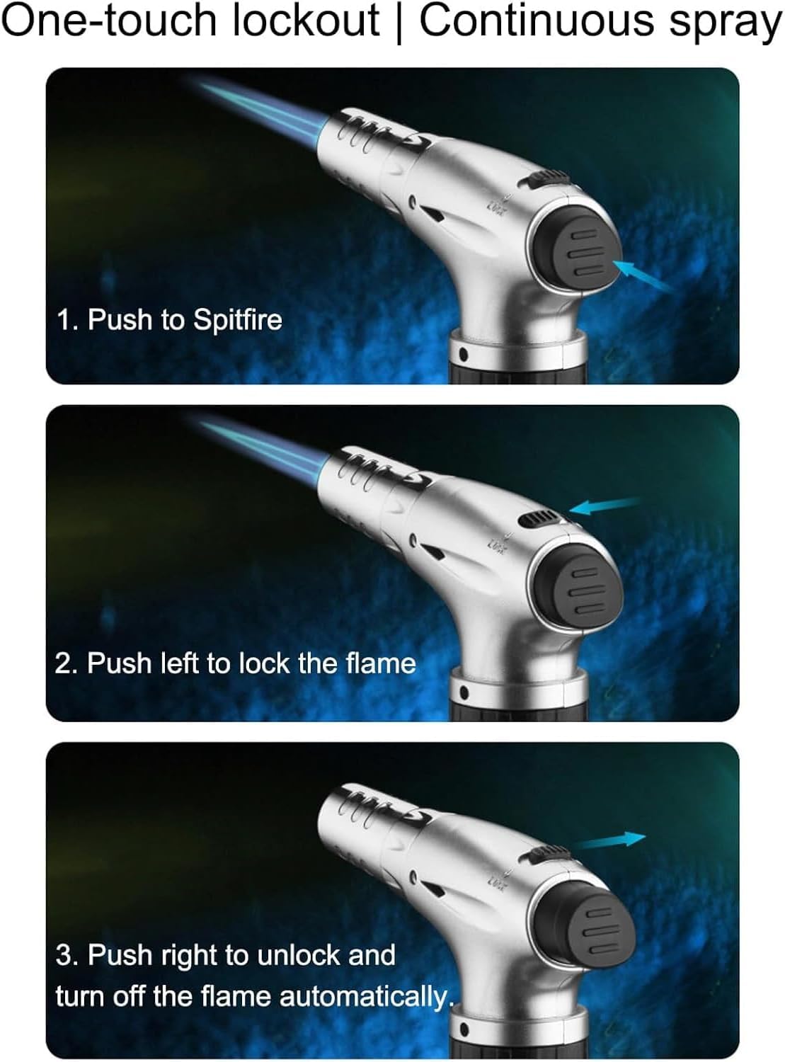 SKY-TOUCH Butane Torch Lighter, Refillable Kitchen Spray Gun With a Safety Lock, Continuous Flame Mode, And Adjustable Flame, Suitable for Cooking And Grilling, Silver - NO CONTAIN BUTANE GAS