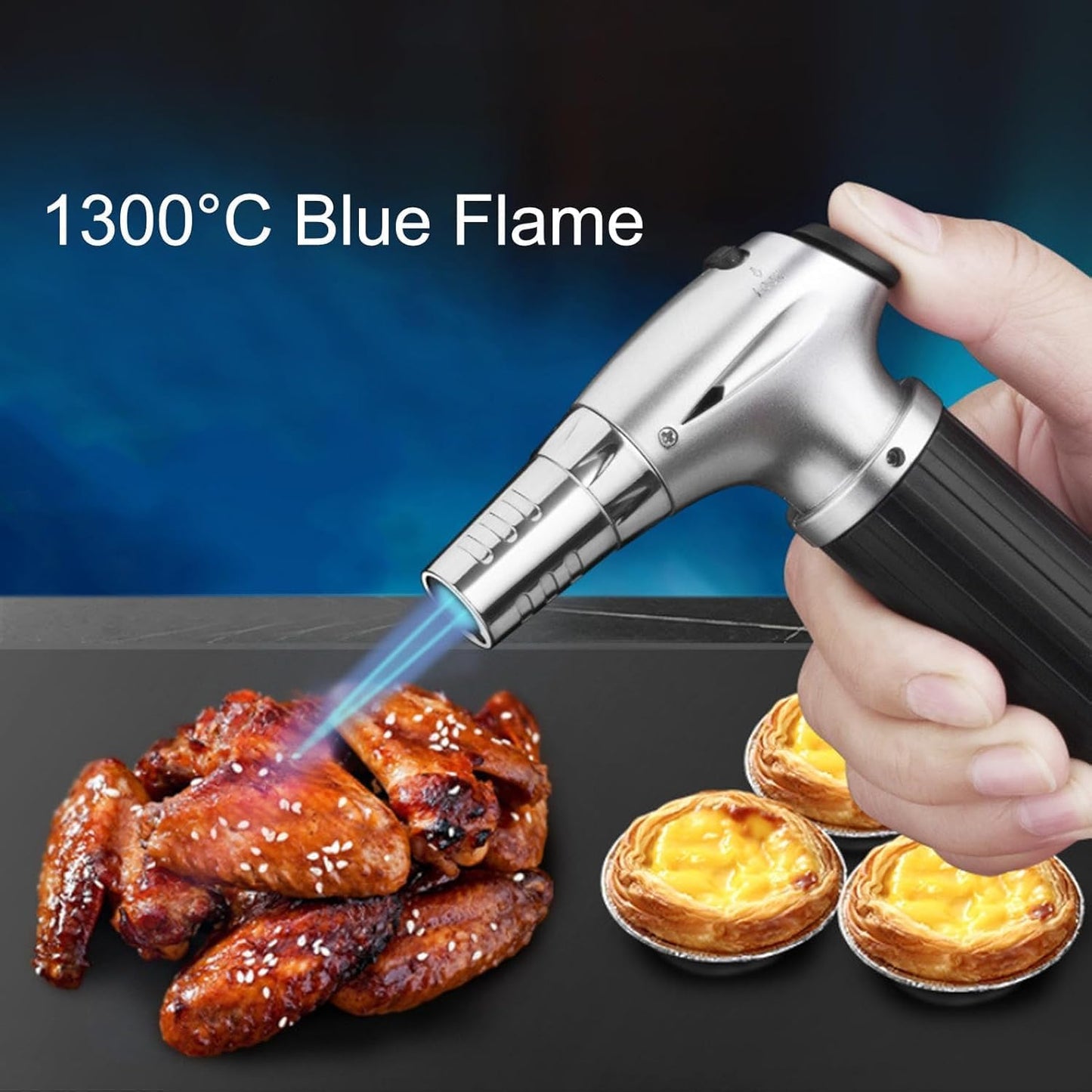 SKY-TOUCH Butane Torch Lighter, Refillable Kitchen Spray Gun With a Safety Lock, Continuous Flame Mode, And Adjustable Flame, Suitable for Cooking And Grilling, Silver - NO CONTAIN BUTANE GAS