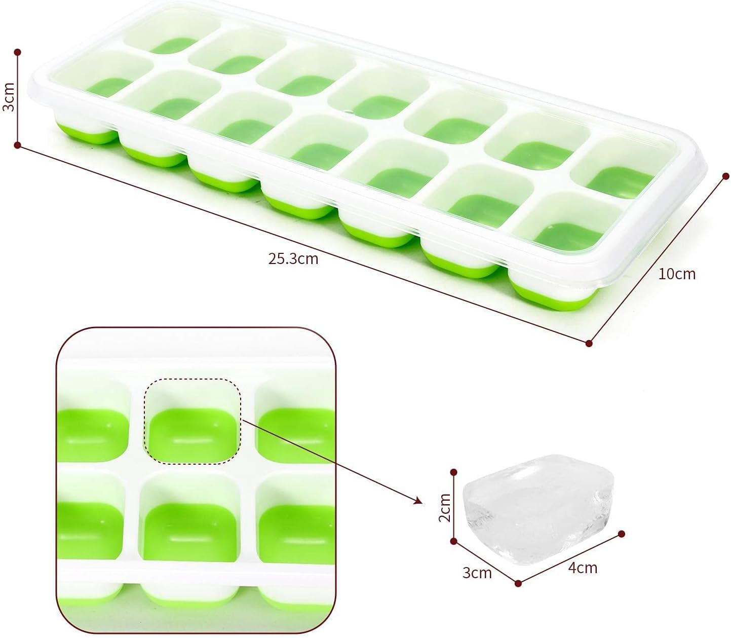 SKY-TOUCH 4 Pack Ice Cube Trays with Clear Removable Lid Easy-Release Silicone Flexible Ice Cube Moulds and BPA Free Stackable Durable - Green, 25x10x3cm