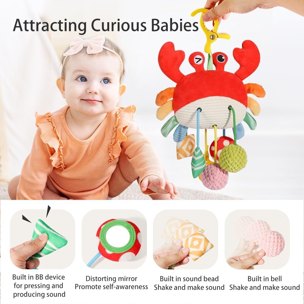 SKY-TOUCH Crab Car Seat Toy for Babies - Multi-Sensory Infant Stroller Toy with Mirror, Bell, Rattles, Crinkle, Teether - Safe, Soft, Fun Activity Toy for 18 months+