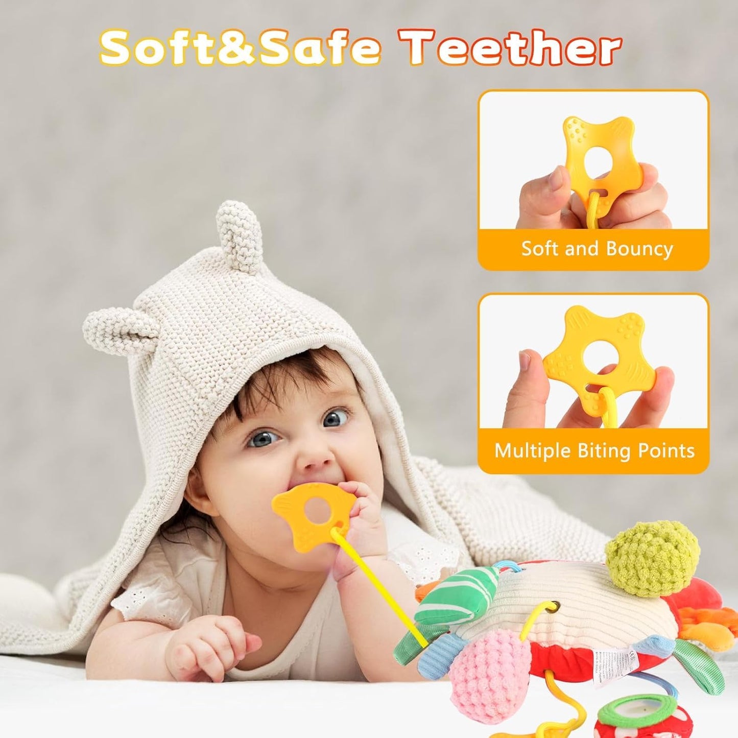 SKY-TOUCH Crab Car Seat Toy for Babies - Multi-Sensory Infant Stroller Toy with Mirror, Bell, Rattles, Crinkle, Teether - Safe, Soft, Fun Activity Toy for 18 months+