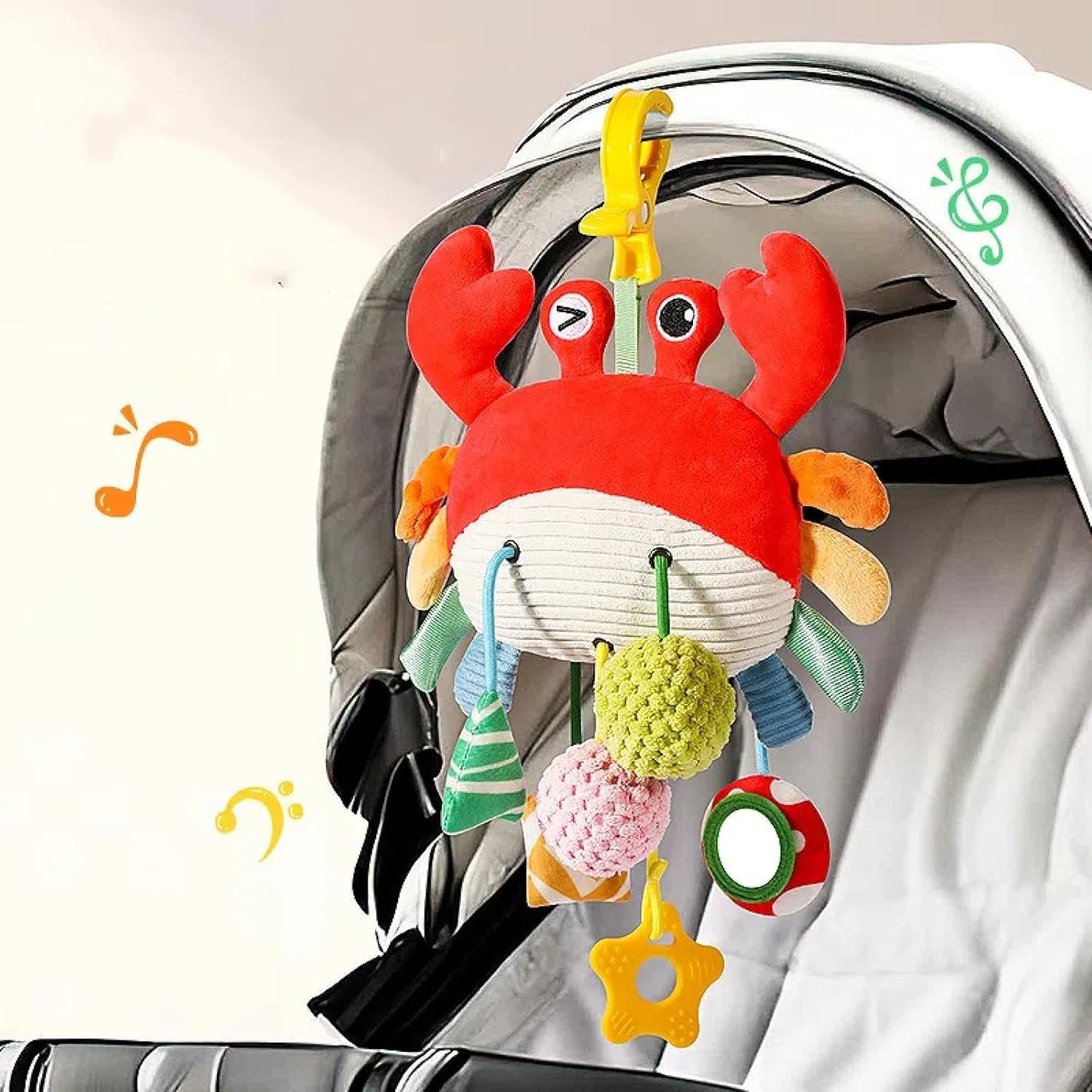 SKY-TOUCH Crab Car Seat Toy for Babies - Multi-Sensory Infant Stroller Toy with Mirror, Bell, Rattles, Crinkle, Teether - Safe, Soft, Fun Activity Toy for 18 months+