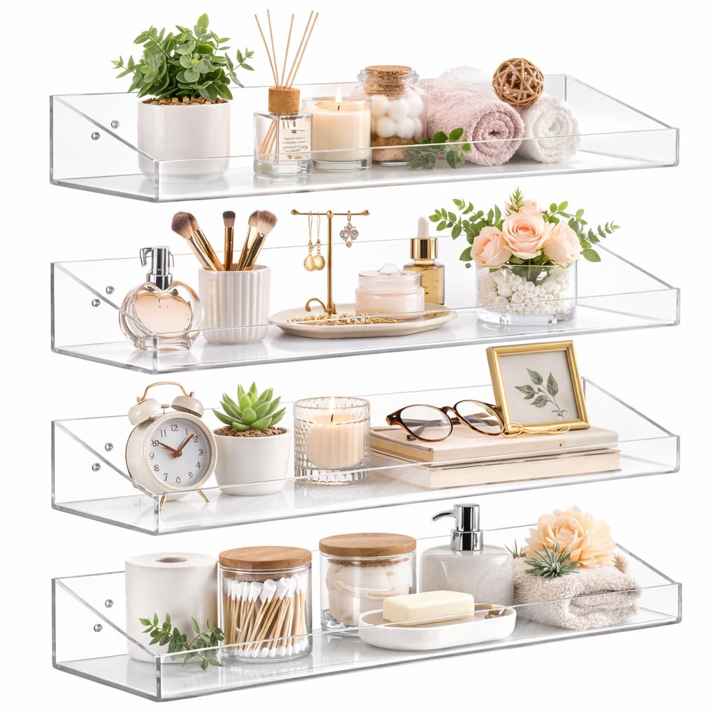 SKY-TOUCH 4 PACK Clear Acrylic Floating Shelves with Mounting Hardware, Wall Storage Organizer for Kids' Books, Action Figures, Collectibles, Makeup, Perfume, Invisible Bookshelf, 15.2x4.2x2 in