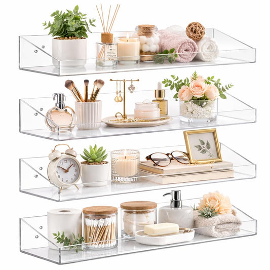 SKY-TOUCH 4 PACK Clear Acrylic Floating Shelves with Mounting Hardware, Wall Storage Organizer for Kids' Books, Action Figures, Collectibles, Makeup, Perfume, Invisible Bookshelf, 15.2x4.2x2 in