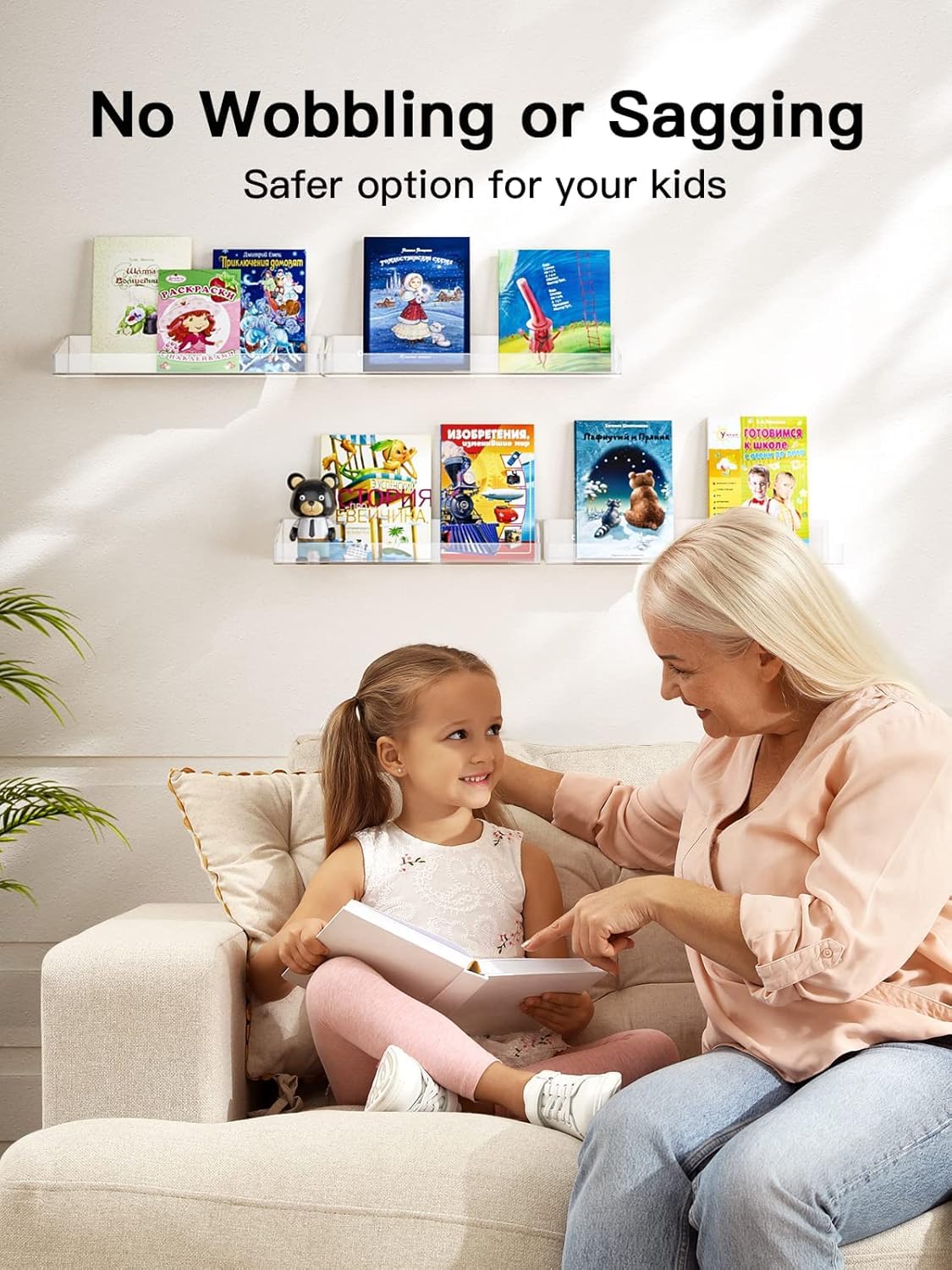 SKY-TOUCH 4 PACK Clear Acrylic Floating Shelves with Mounting Hardware, Wall Storage Organizer for Kids' Books, Action Figures, Collectibles, Makeup, Perfume, Invisible Bookshelf, 15.2x4.2x2 in