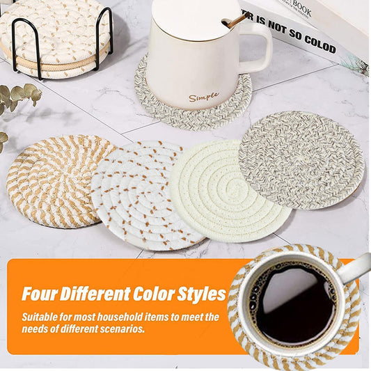 SKY-TOUCH 2 pack Drink Coasters with Holder, 16 Colors Absorbent Coasters, Cotton Woven Beverage Coaster Heat-Resistant Coaster for Table Protection, Home Decor, Glasses, Cups, Bar, 4.3 Inches