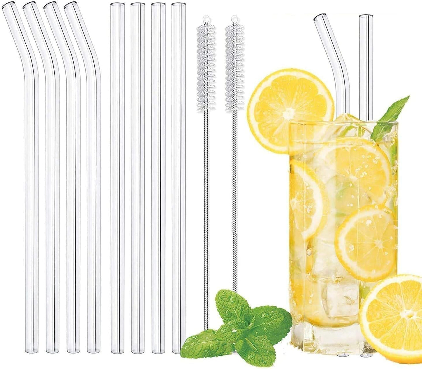 SKY-TOUCH 8PCS Reusable Glass Straws, Transparent Glass Straws with 2 Cleaning Brushes, Explosion-Proof, Environmentally Friendly, BPA-Free, for Drinks - 21.5cm