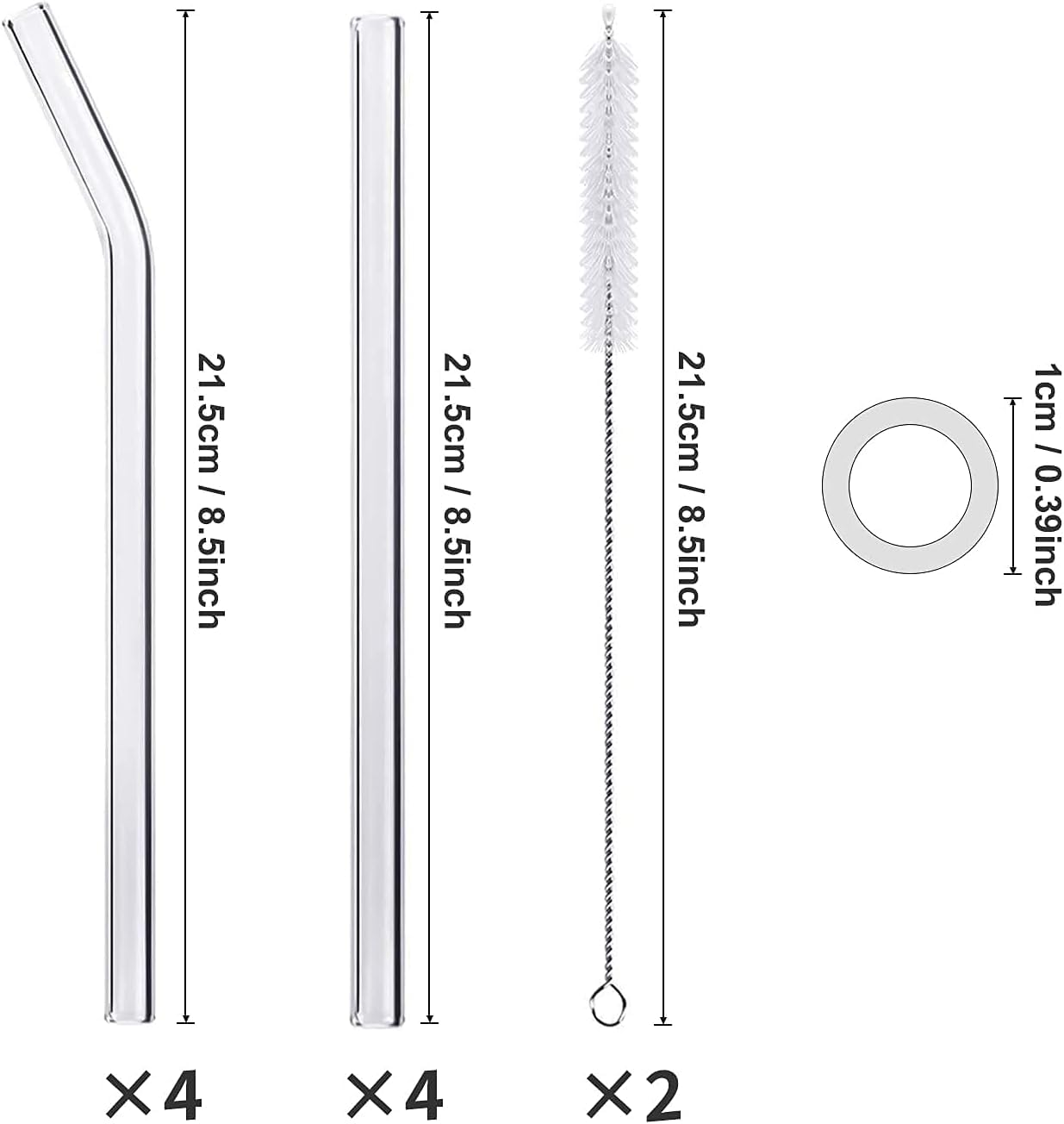 SKY-TOUCH 8PCS Reusable Glass Straws, Transparent Glass Straws with 2 Cleaning Brushes, Explosion-Proof, Environmentally Friendly, BPA-Free, for Drinks - 21.5cm