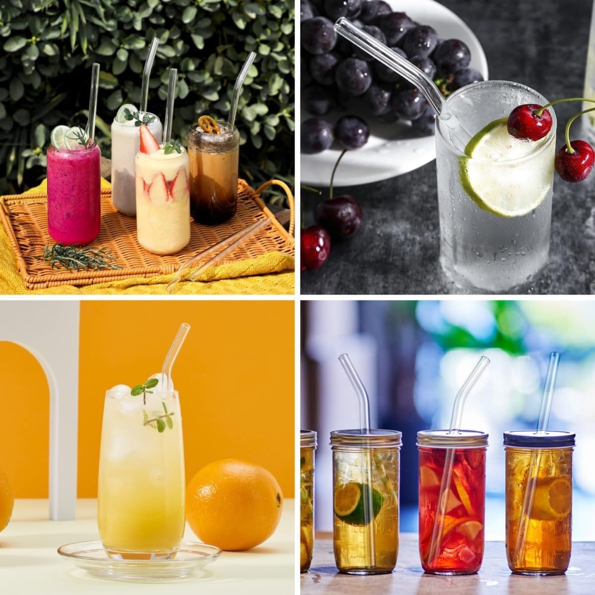 SKY-TOUCH 8PCS Reusable Glass Straws, Transparent Glass Straws with 2 Cleaning Brushes, Explosion-Proof, Environmentally Friendly, BPA-Free, for Drinks - 21.5cm