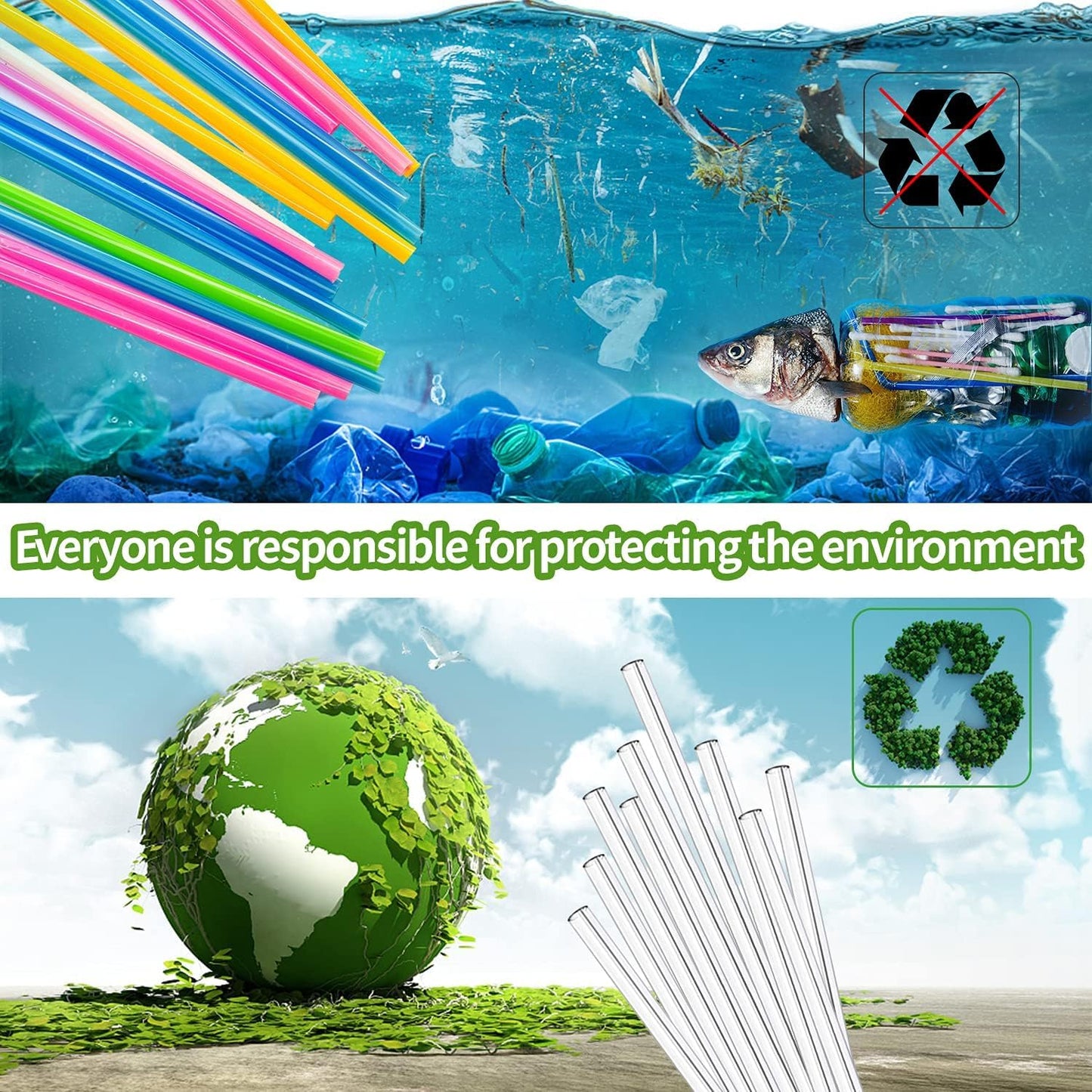 SKY-TOUCH 8PCS Reusable Glass Straws, Transparent Glass Straws with 2 Cleaning Brushes, Explosion-Proof, Environmentally Friendly, BPA-Free, for Drinks - 21.5cm