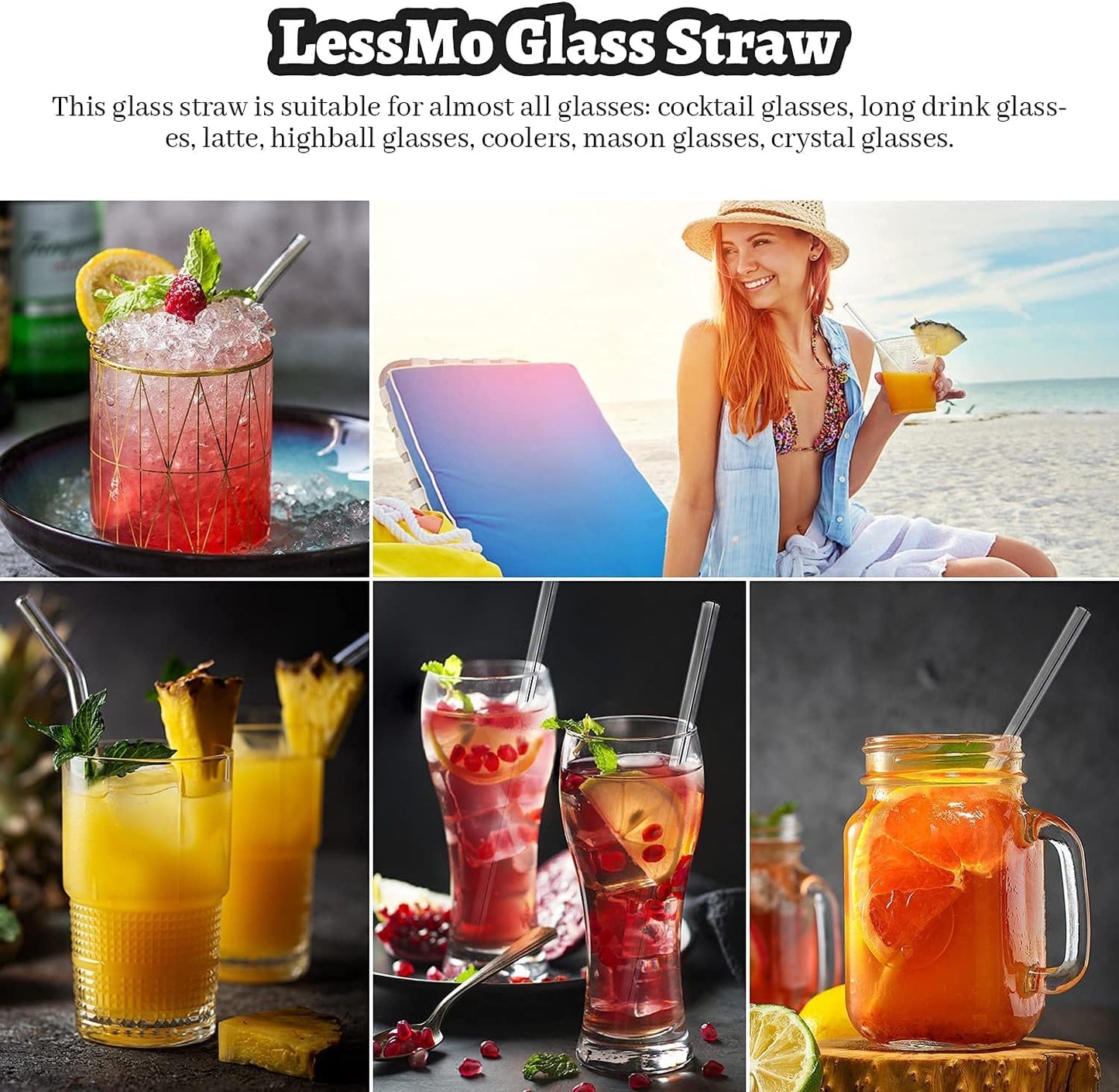 SKY-TOUCH 8PCS Reusable Glass Straws, Transparent Glass Straws with 2 Cleaning Brushes, Explosion-Proof, Environmentally Friendly, BPA-Free, for Drinks - 21.5cm