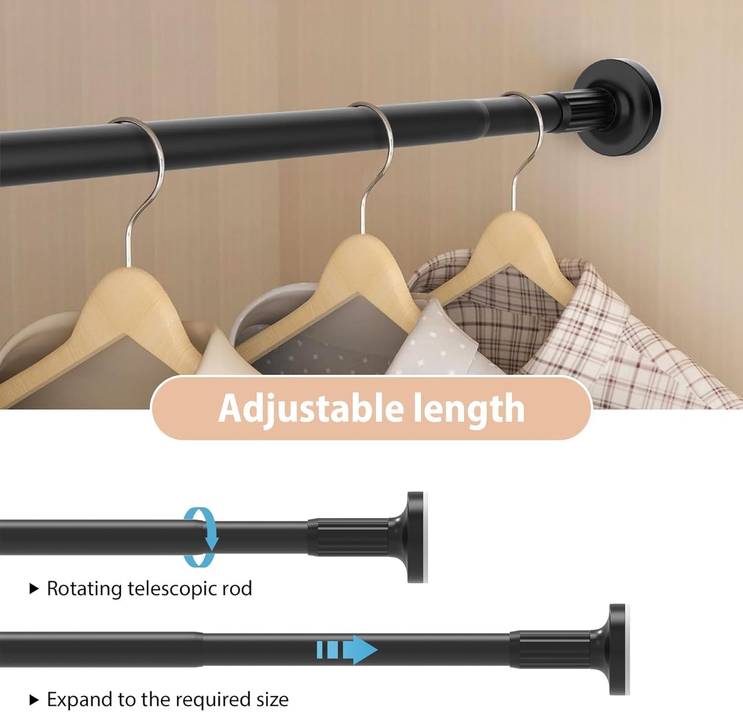 SKY- TOUCH Shower Curtain Rod, Extendable Bar Telescopic Stainless Steel Rod with Non-Slip & Detachable Base, Holds 84kg 110-190cm for Bathroom Window Closet Wardrobe - No Drill