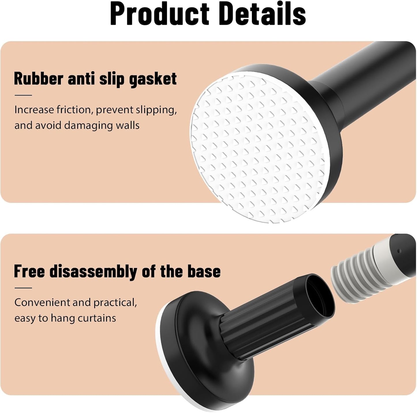 SKY- TOUCH Shower Curtain Rod, Extendable Bar Telescopic Stainless Steel Rod with Non-Slip & Detachable Base, Holds 84kg 110-190cm for Bathroom Window Closet Wardrobe - No Drill