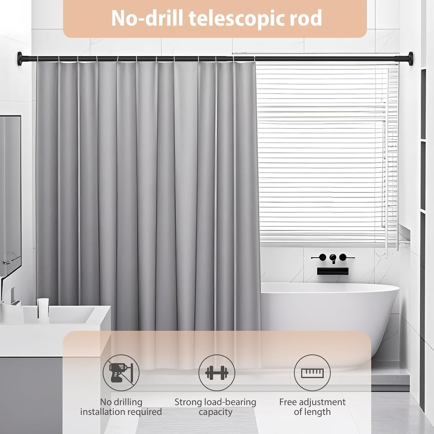 SKY- TOUCH Shower Curtain Rod, Extendable Bar Telescopic Stainless Steel Rod with Non-Slip & Detachable Base, Holds 84kg 110-190cm for Bathroom Window Closet Wardrobe - No Drill