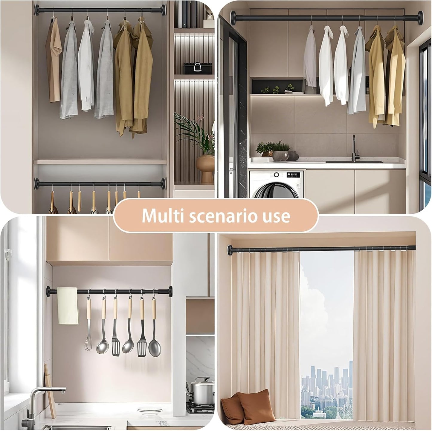 SKY- TOUCH Shower Curtain Rod, Extendable Bar Telescopic Stainless Steel Rod with Non-Slip & Detachable Base, Holds 84kg 110-190cm for Bathroom Window Closet Wardrobe - No Drill