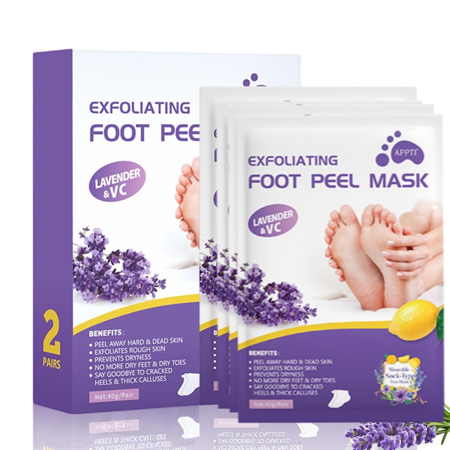 SKY-TOUCH 4 Packs Lavender Exfoliating Foot Mask, Moisturizing, Callus Removal, Dead Skin Treatment, Softens and Hydrates Feet