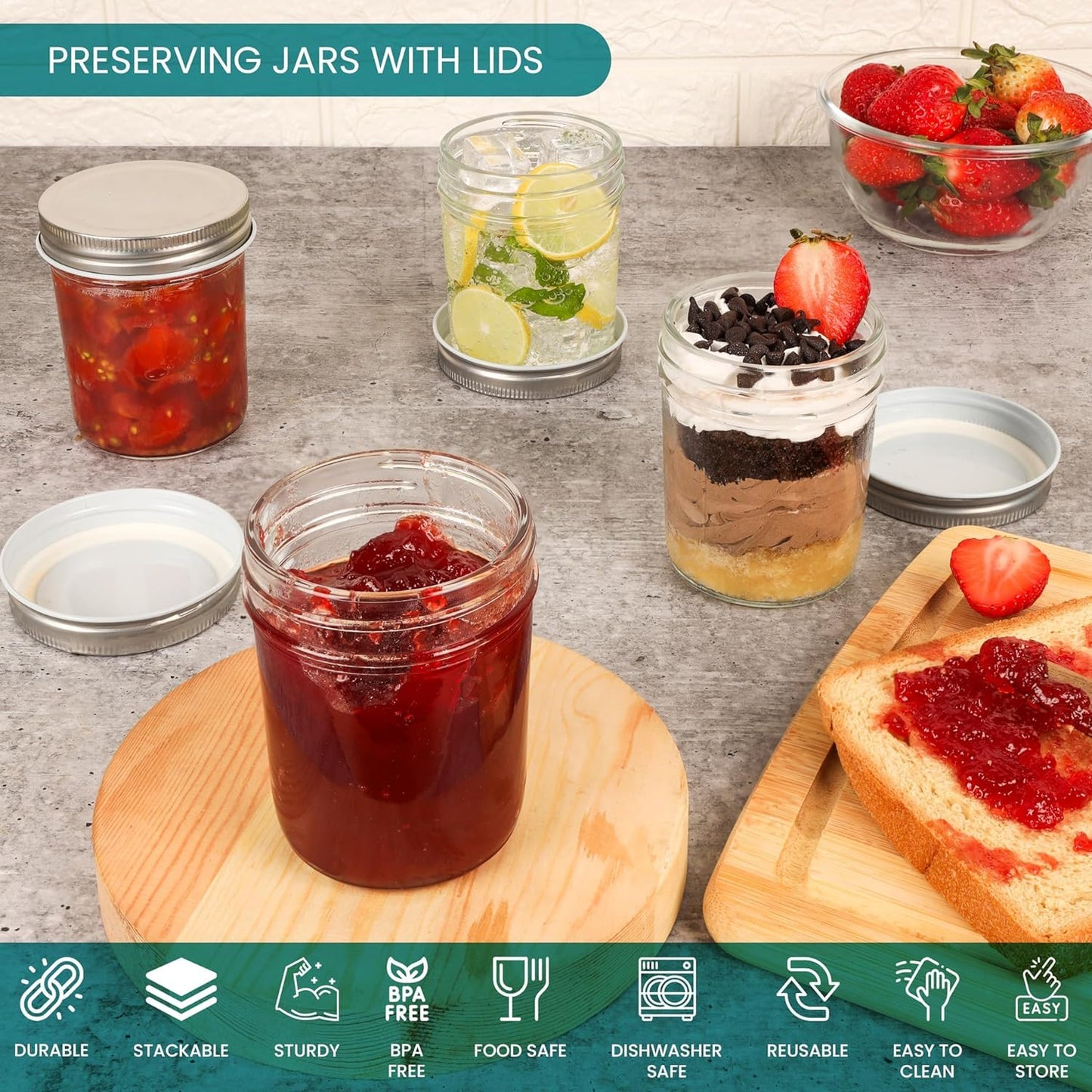 SKY-TOUCH 8 PACK Glass Mason Jars with Metal Lids, 230ml / 7.8oz Airtight Canning Jars, Food Storage Jars for Overnight Oats, Preserving Jam, Pickling, Jelly, Meal Prep, Transparent