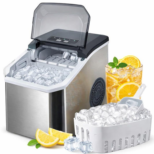 SKY-TOUCH Portable Countertop Ice Maker, Adjustable 5 Ice Sizes, 9 Ice Cubes in 6 Min, 1.3L Water Tank Storage, Self-Cleaning with Scoop & Basket for Indoor & Outdoor, 22.5x29.4x28.5cm