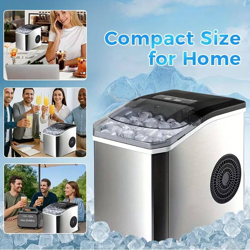 SKY-TOUCH Portable Countertop Ice Maker, Adjustable 5 Ice Sizes, 9 Ice Cubes in 6 Min, 1.3L Water Tank Storage, Self-Cleaning with Scoop & Basket for Indoor & Outdoor, 22.5x29.4x28.5cm