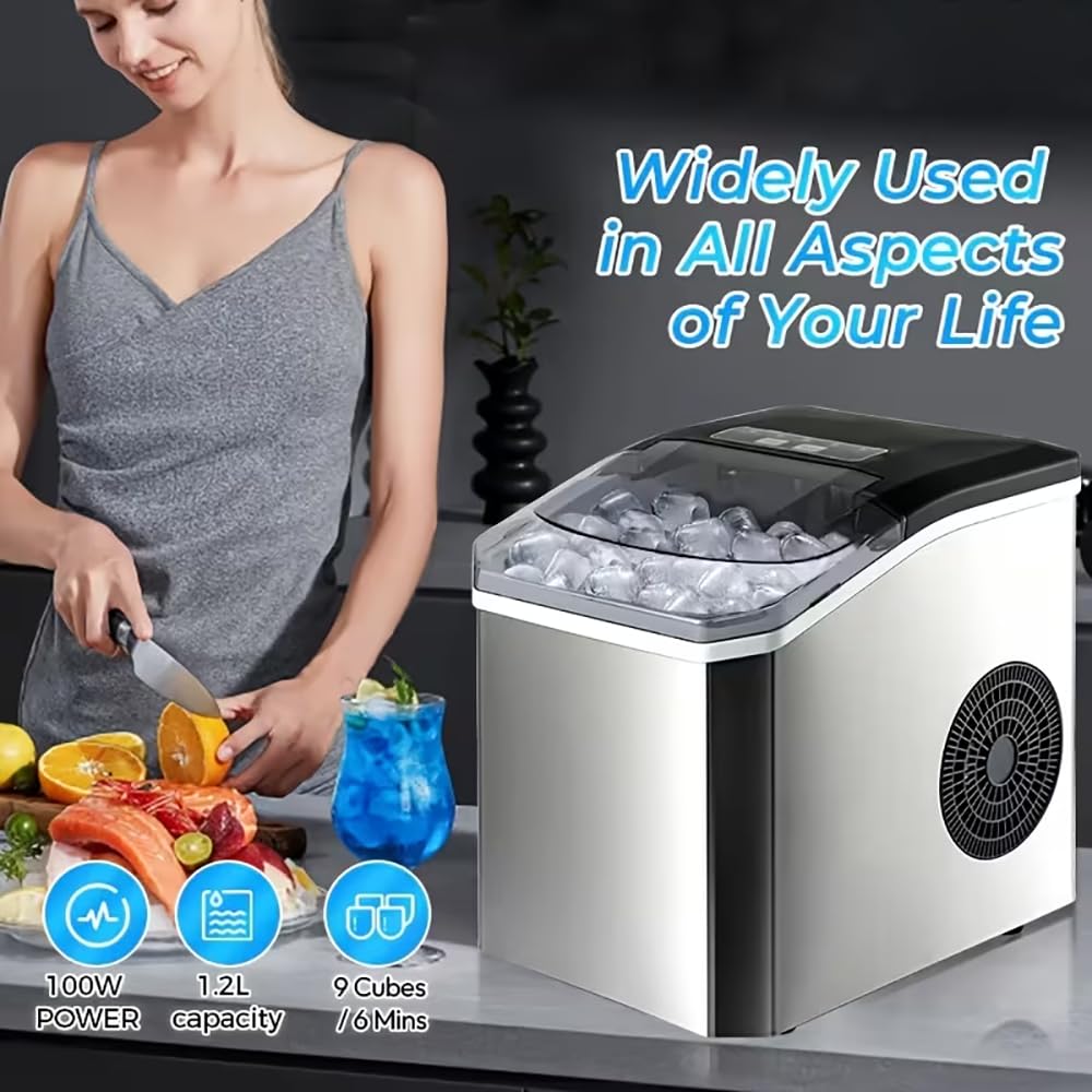 SKY-TOUCH Portable Countertop Ice Maker, Adjustable 5 Ice Sizes, 9 Ice Cubes in 6 Min, 1.3L Water Tank Storage, Self-Cleaning with Scoop & Basket for Indoor & Outdoor, 22.5x29.4x28.5cm