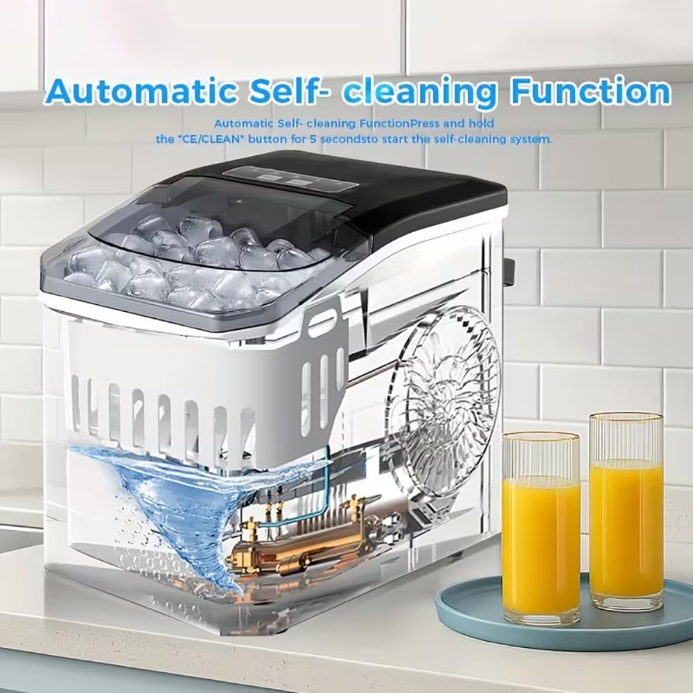 SKY-TOUCH Portable Countertop Ice Maker, Adjustable 5 Ice Sizes, 9 Ice Cubes in 6 Min, 1.3L Water Tank Storage, Self-Cleaning with Scoop & Basket for Indoor & Outdoor, 22.5x29.4x28.5cm