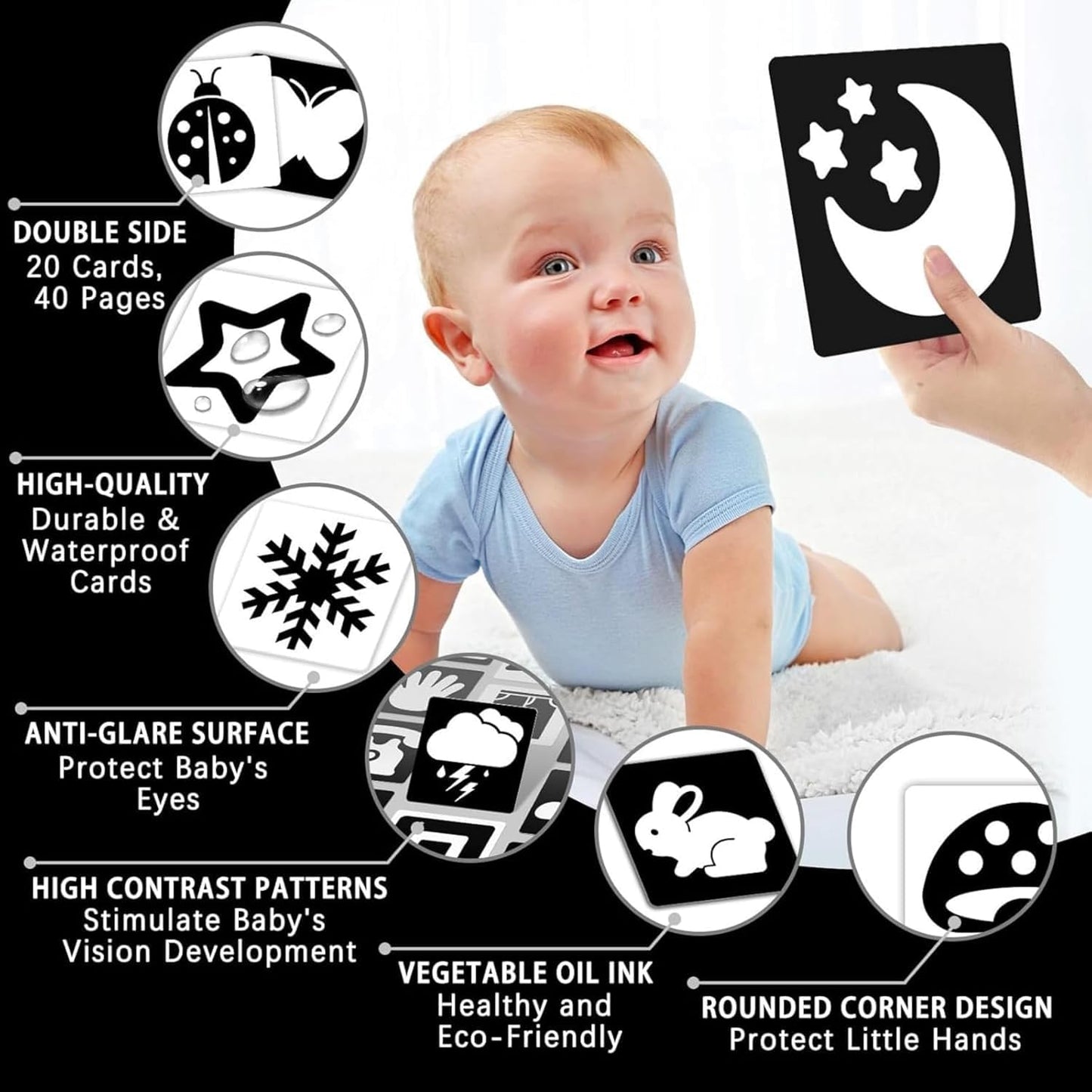 SKY-TOUCH Baby Visual Card Black White, High Contrast Baby Black White Card, Visual Stimulation & Sensory Development, Travel Friendly, Gifts for Infants 0 to 3 Months, 20 Pcs - 40 Pages