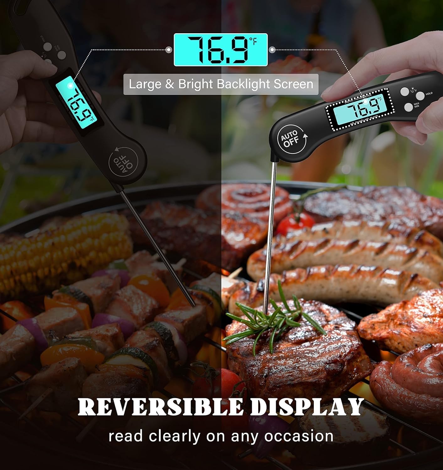 SKY-TOUCH Digital Meat Thermometer, Instant Read Waterproof Food Thermometer, Foldable Long Probe & Auto-Off, Backlit LCD for Kitchen, Cooking, Grill, Candy