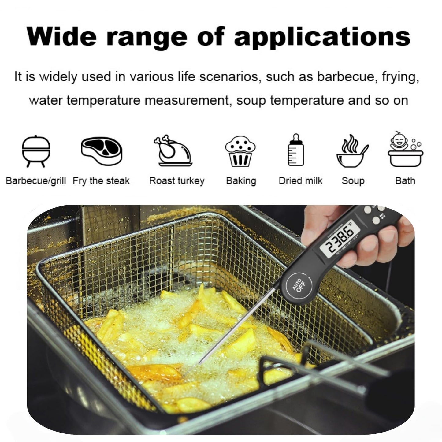 SKY-TOUCH Digital Meat Thermometer, Instant Read Waterproof Food Thermometer, Foldable Long Probe & Auto-Off, Backlit LCD for Kitchen, Cooking, Grill, Candy