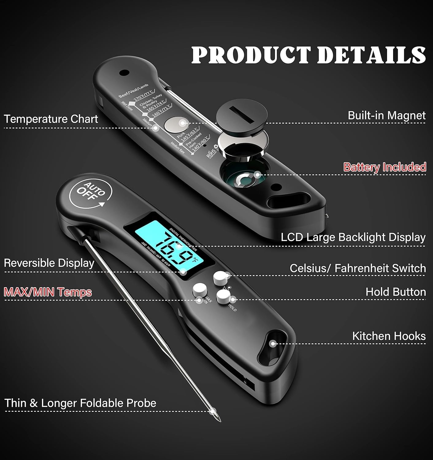 SKY-TOUCH Digital Meat Thermometer, Instant Read Waterproof Food Thermometer, Foldable Long Probe & Auto-Off, Backlit LCD for Kitchen, Cooking, Grill, Candy