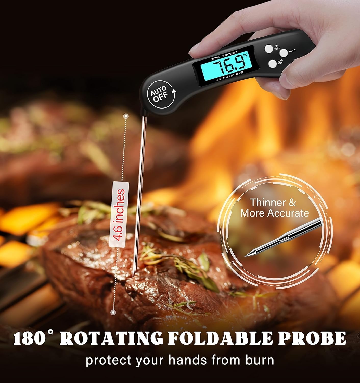 SKY-TOUCH Digital Meat Thermometer, Instant Read Waterproof Food Thermometer, Foldable Long Probe & Auto-Off, Backlit LCD for Kitchen, Cooking, Grill, Candy