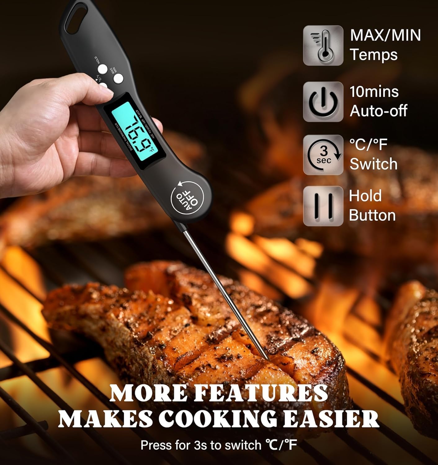 SKY-TOUCH Digital Meat Thermometer, Instant Read Waterproof Food Thermometer, Foldable Long Probe & Auto-Off, Backlit LCD for Kitchen, Cooking, Grill, Candy