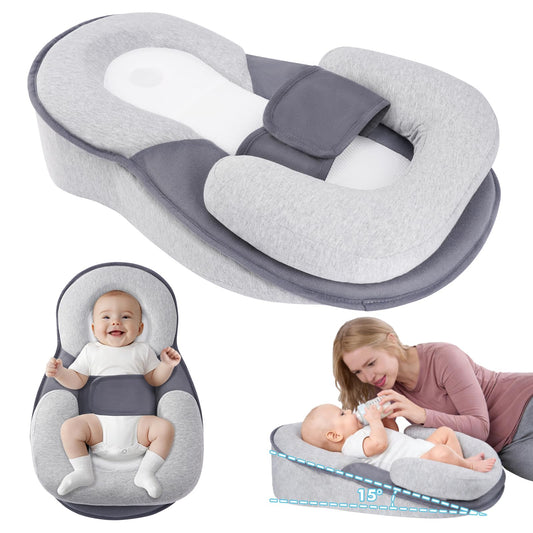 SKY-TOUCH Newborn Feeding Pillow Wedge - 15° Anti-Spit Up & Nursing Support Pillow, Baby Breastfeeding Pillow for Reflux, Soft & Breathable Grey Infant Nursing Cushion