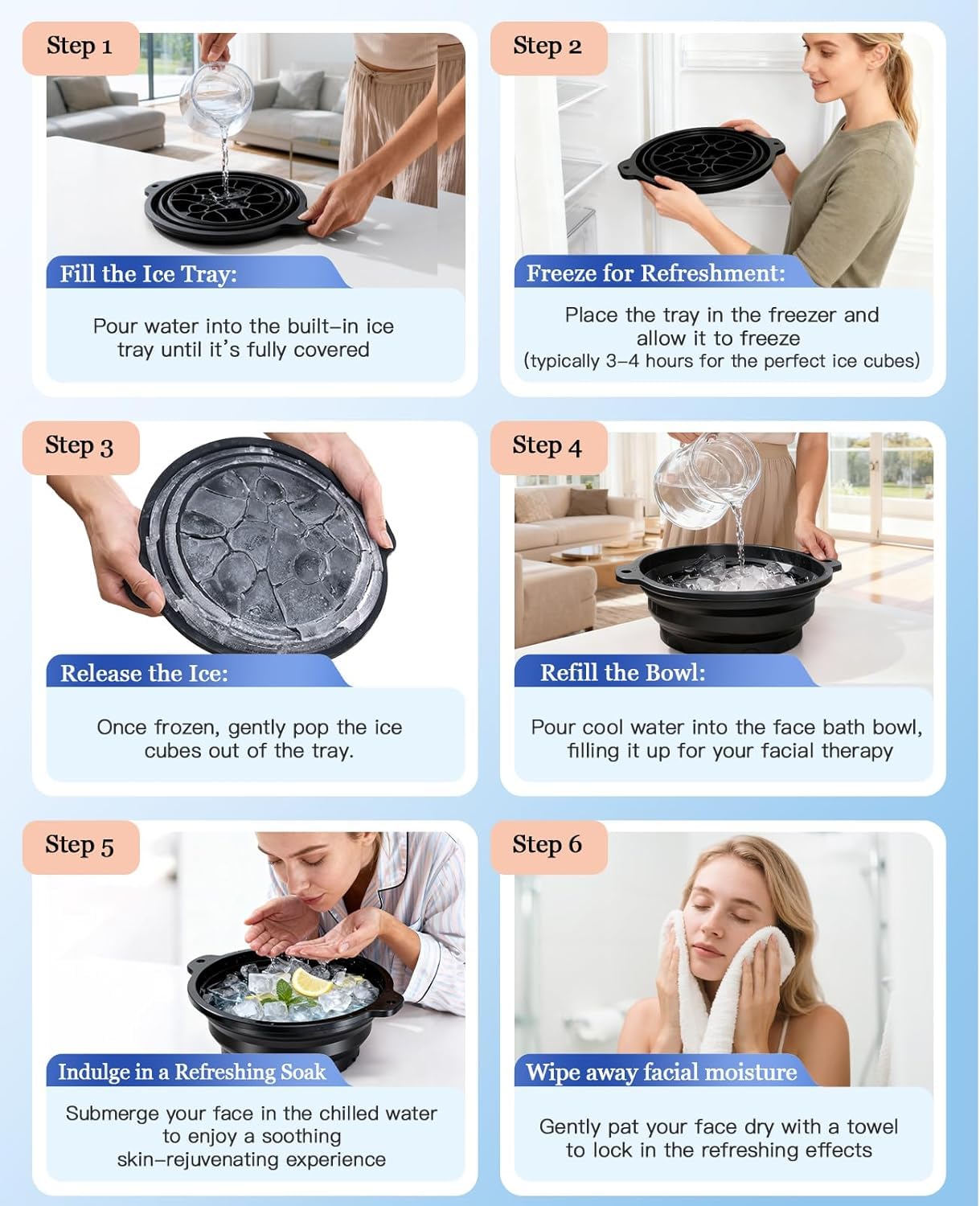 SKY-TOUCH Silicone Ice Face Bowl, Foldable Facebowl with Built-in Icetray, Quick Cooling for Puffiness Relief, Soothe Skin, Bathroom Accessories, Home Travel Use (Black) 23.5x27.5cm
