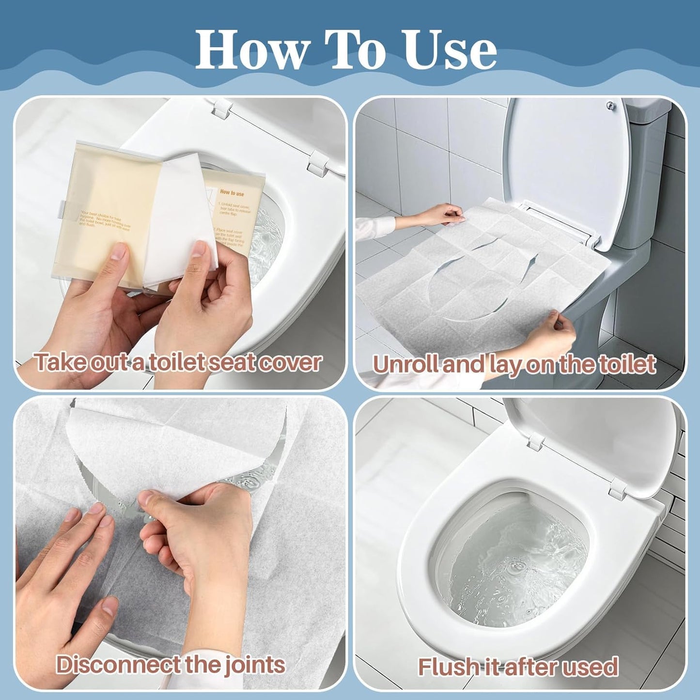 SKY-TOUCH 50PCS Flushable Toilet Seat Covers - Biodegradable Disposable Liners for Travel, Public Restrooms, Camping, Airplanes & Potty Training