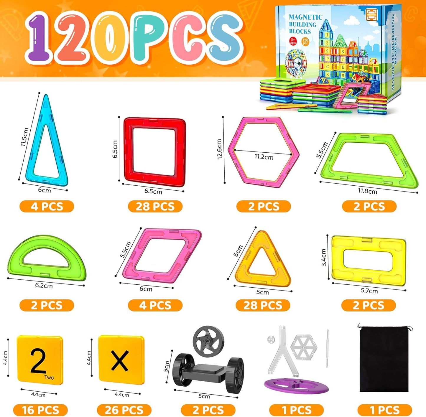 SKY-TOUCH 120 PCS Magnetic Building Blocks Set, Construction Magnetic Building Blocks Magnetic Toy Magnets Children Magnetic Game for Gift from 3+Years Boys Girls, Educational Gift