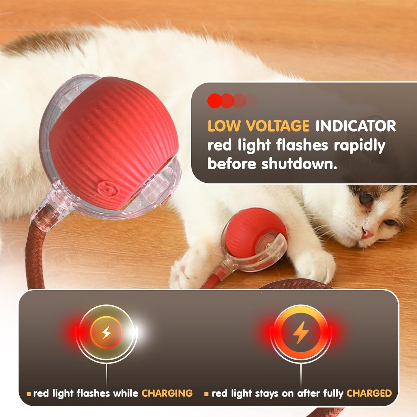 SKY-TOUCH Interactive Cat Toys Ball, Automatic Interactive Ball Toys Fast Rolling on Carpet, Chirping & Motion Activate, Durable High Bounce Floating Rubber Dog Ball with LED Light for Cats, Red