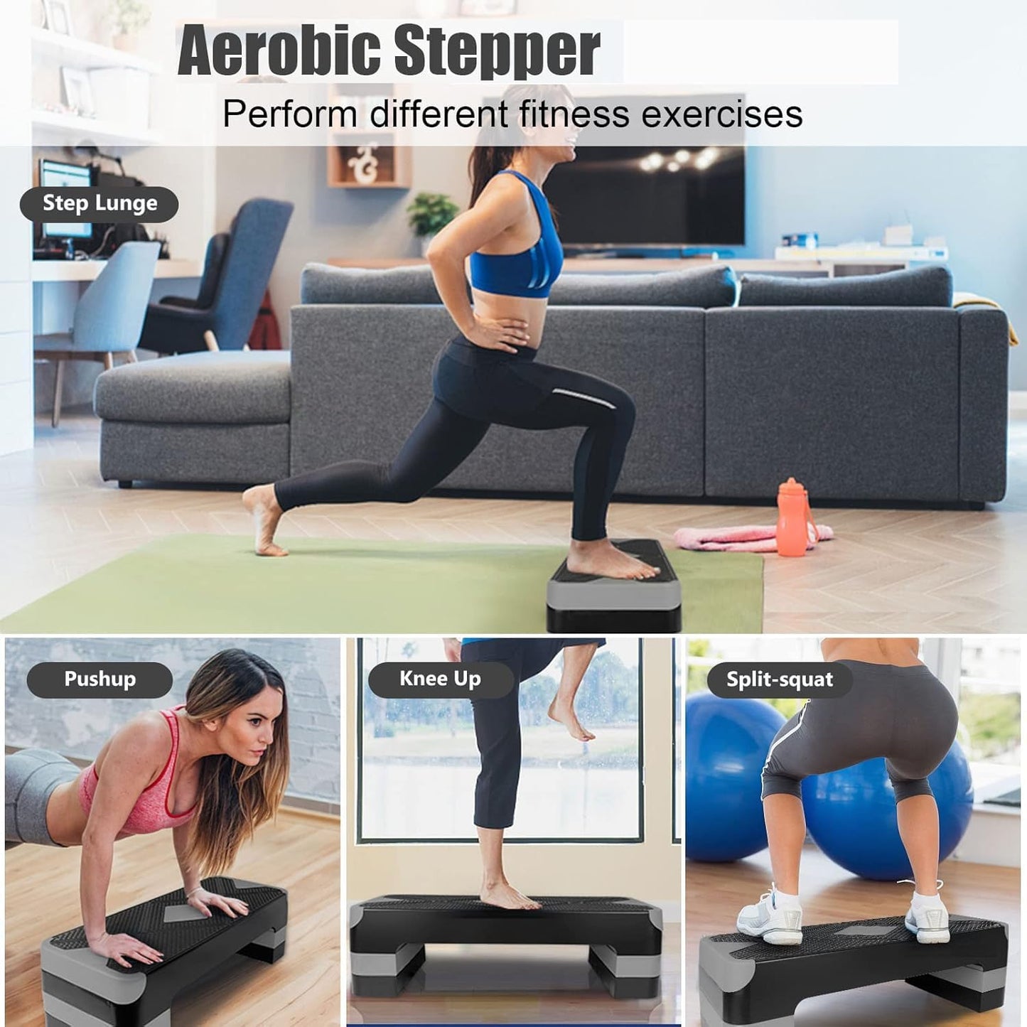 SKY-TOUCH Stepper Platform – 3 Layer Adjustable Home Exercise Stepper with Non-Slip Surface, Heavy-Duty Fitness Step for Cardio & Strength Training – Black/Gray (82.5×30×11 cm)