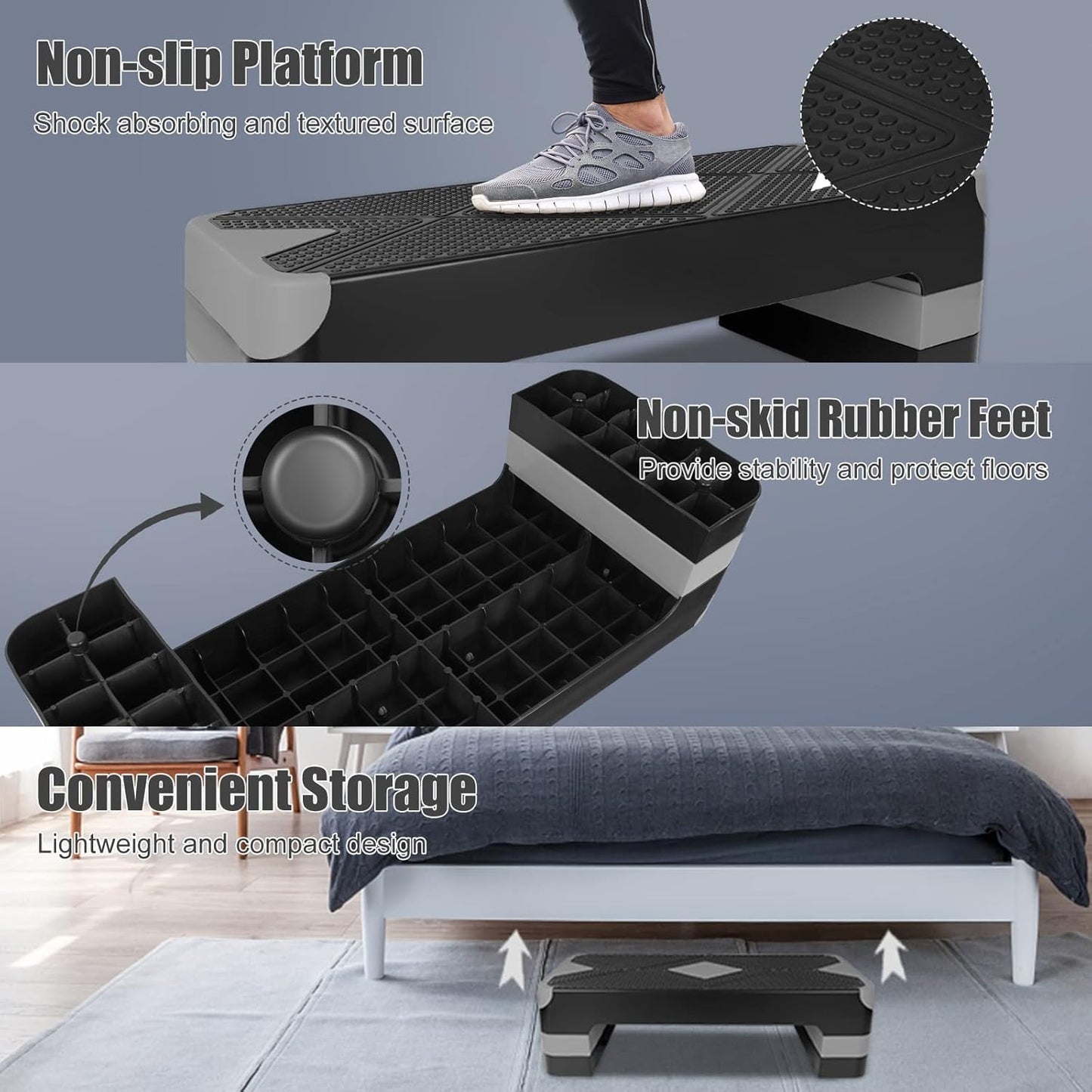 SKY-TOUCH Stepper Platform – 3 Layer Adjustable Home Exercise Stepper with Non-Slip Surface, Heavy-Duty Fitness Step for Cardio & Strength Training – Black/Gray (82.5×30×11 cm)